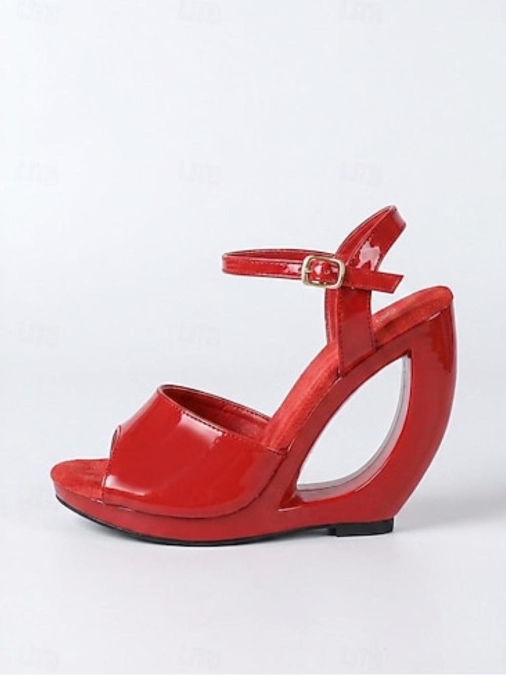 Red Patent Open-Toe Wedge Sandals with Ankle Strap